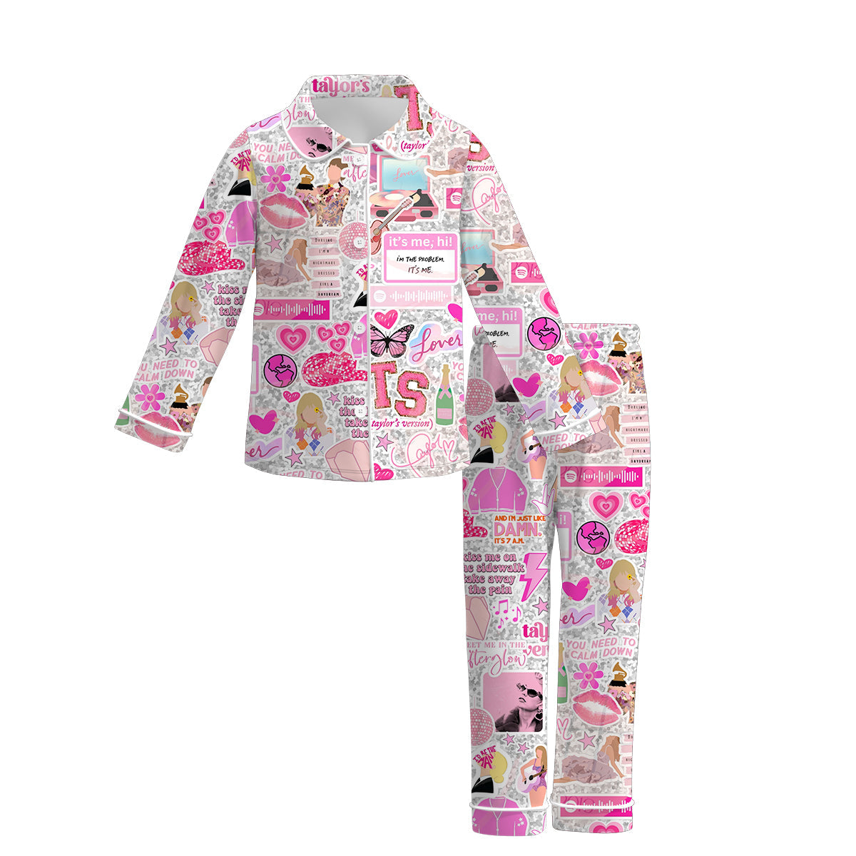 (Custom Design Preorder MOQ 5)  Singer Swiftie Pink TS Print Girls Fall Buttons Pajamas Clothes Set