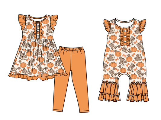 5.6(Custom Design Preorder MOQ 5 Each Design) Pumpkin Boots Bows Print Girls Fall Matching Clothes Sisters Wear