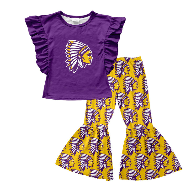 (Custom Design Preorder MOQ 5) Team's INDIANS Purple Print Bell Pants Girls Clothes Set