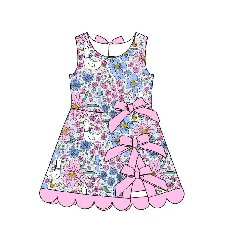 2026.1.20 (Custom Design Preorder MOQ 5) Duck Bows Print Girls Summer Knee Length Dress Sisters Wear