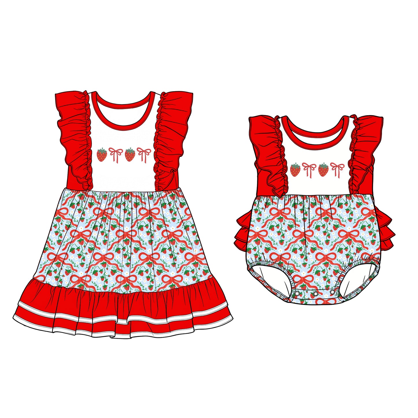 12.10 (Custom Design Preorder MOQ 5 Each Design) Strawberry Flowers Bows Print Girls Summer Matching Clothes Sisters Wear