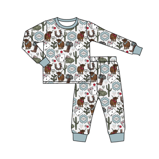 (Custom Design Preorder MOQ 5) Highland Cow Boots Aztec Print Girls Western Bamboo Pajamas Clothes Set