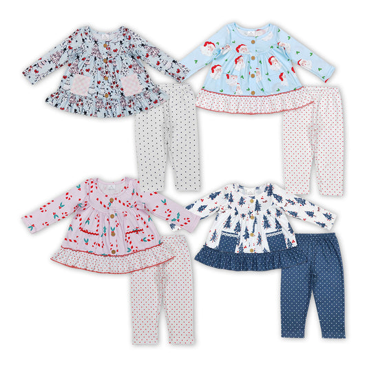 4 Colors Print Pockets Ruffle Tunic Top Legging Pants Girls Christmas Clothes Set Sisters Wear