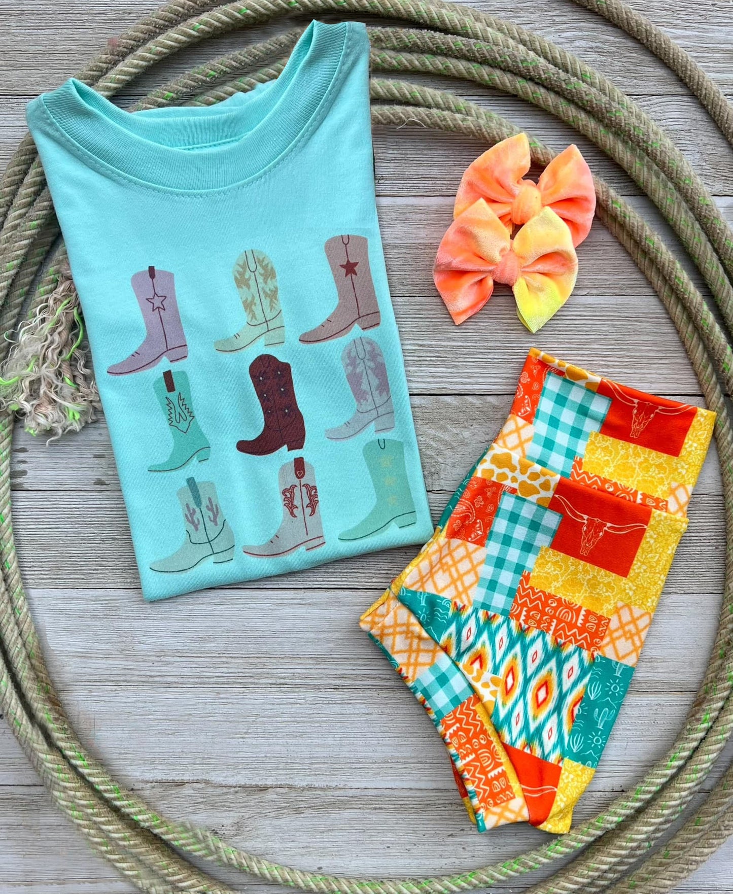 (Custom Design Preorder MOQ 5) Boots Blue Top Aztec Shorts Baby Girls Summer Western Bummie Set