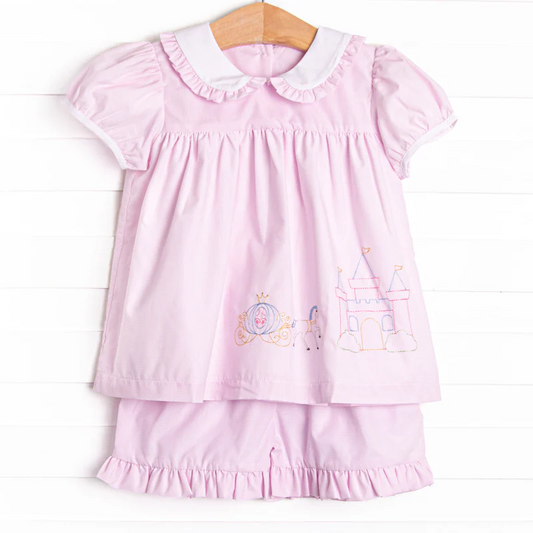 (Custom Design Preorder MOQ 5) Castle Pink Tunic Top Ruffle Shorts Girls Summer Clothes Set