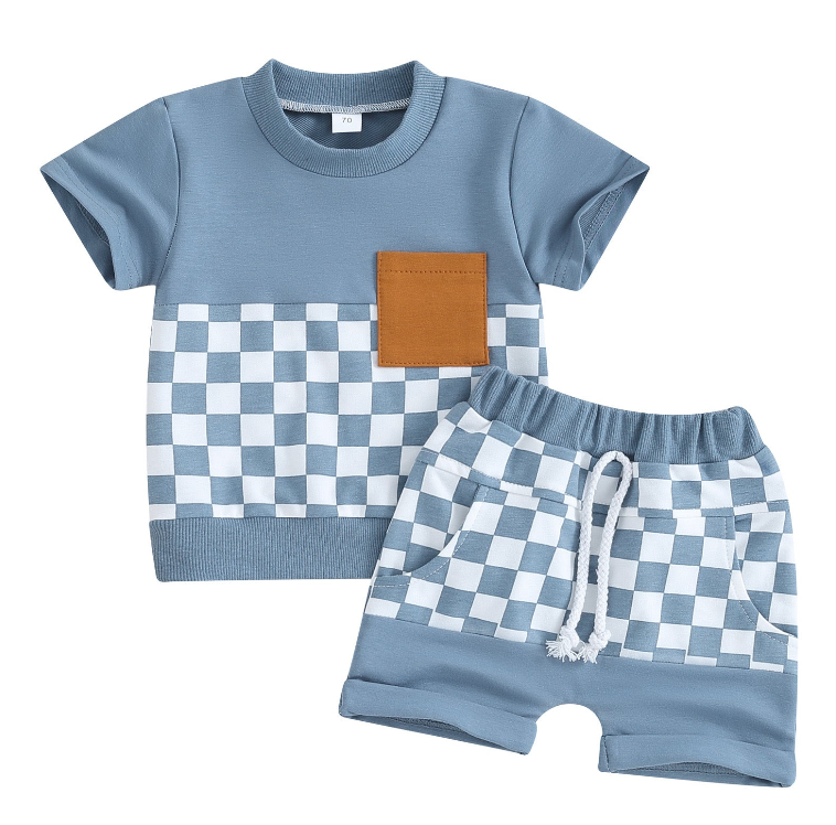 (Custom Design Preorder MOQ 5)  Plaid Print Pocket Top Boys Summer Clothes Set