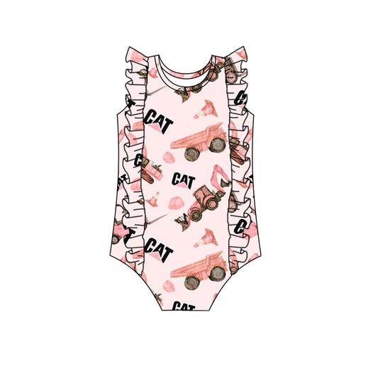 (Custom Design Preorder MOQ 5)  Pink Construction Print Girls 1 Piece Swimsuits