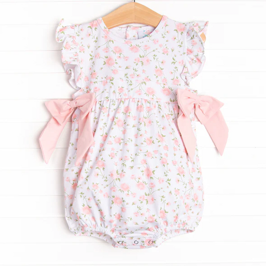 (Custom Design Preorder MOQ 5) Pink Flowers Print Baby Girls Summer Romper