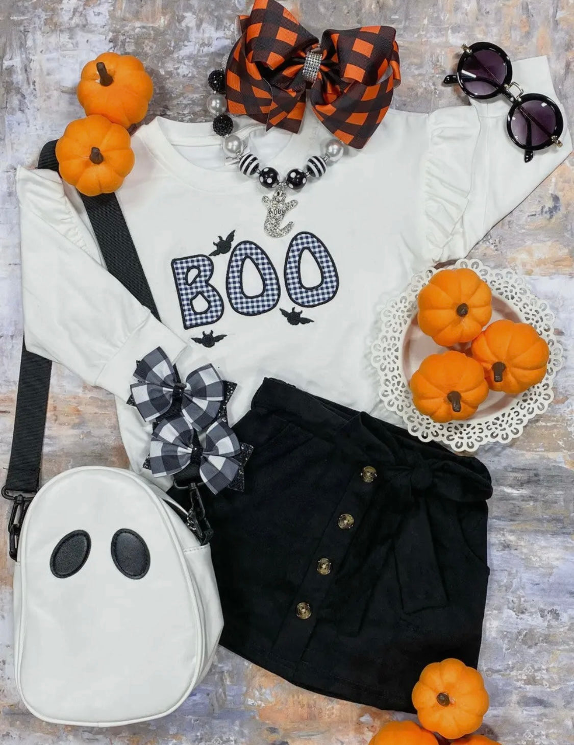 (Custom Design Preorder MOQ 5) BOO White Top Black Skirts Girls Halloween Clothes Set