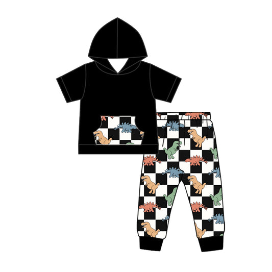 (Custom Design Preorder MOQ 5) Black Hoodie Top Dino Pants Boys Clothes Set
