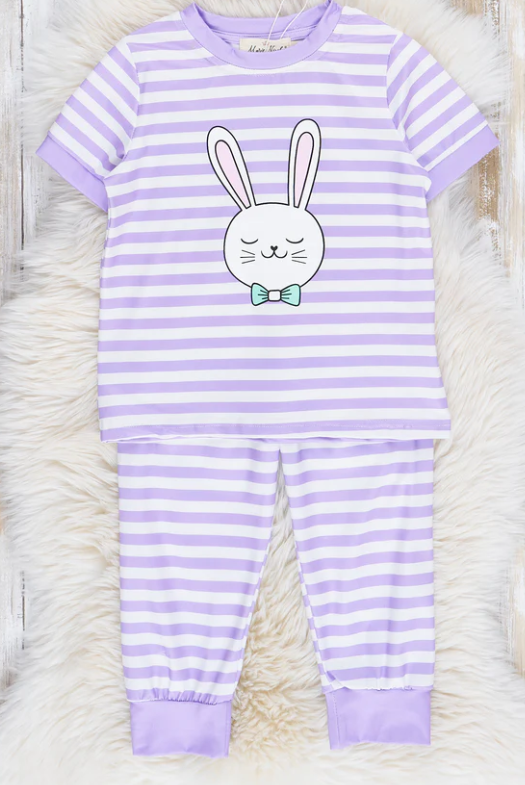 (Custom Design Preorder MOQ 5) Bunny Top Purple Stripes Pants Girls Easter Pajamas Clothes Set