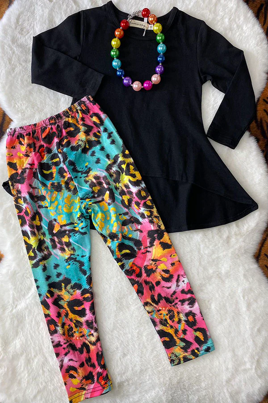 (Custom Design Preorder MOQ 5) Black Tunic Top Colorful Leopard Pants Girls Clothes Set