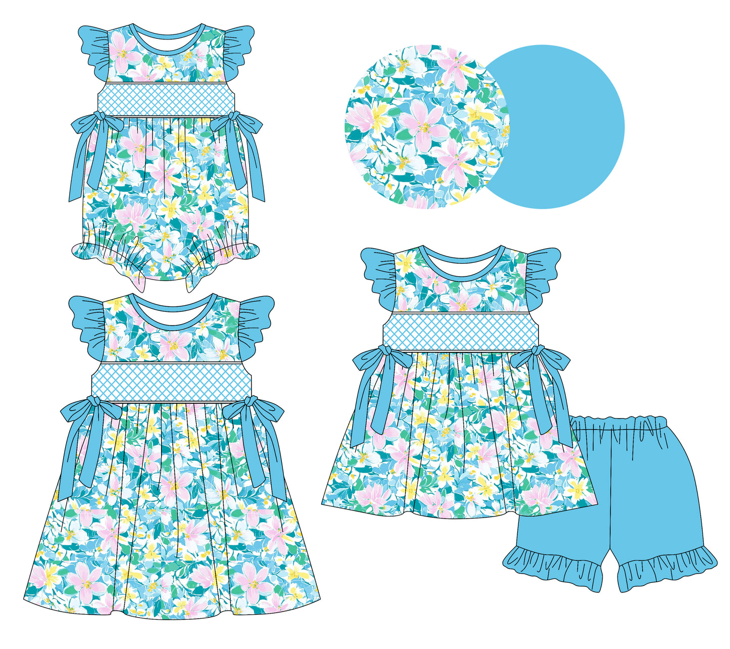 3.7(Custom Design Preorder MOQ 5 Each Design) Blue Flowers Print Girls Summer Matching Clothes Sisters Wear