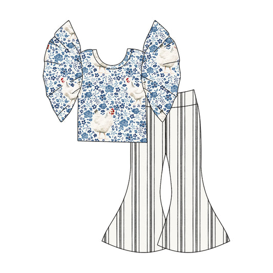 (Custom Design Preorder MOQ 5) Flowers Chicken Top Stripes Bell Pants Girls Clothes Set
