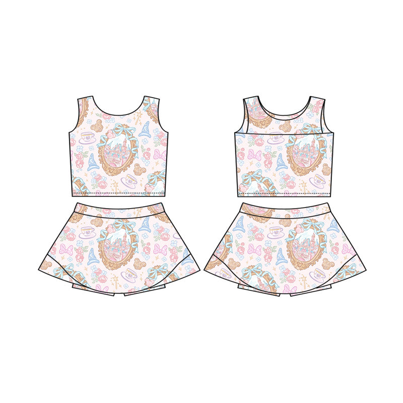 (Custom Design Preorder MOQ 5 Each Item )1-4 Styles Cartoon Princess Print Shorts Skirts Girls Summer Yoga Clothes Set