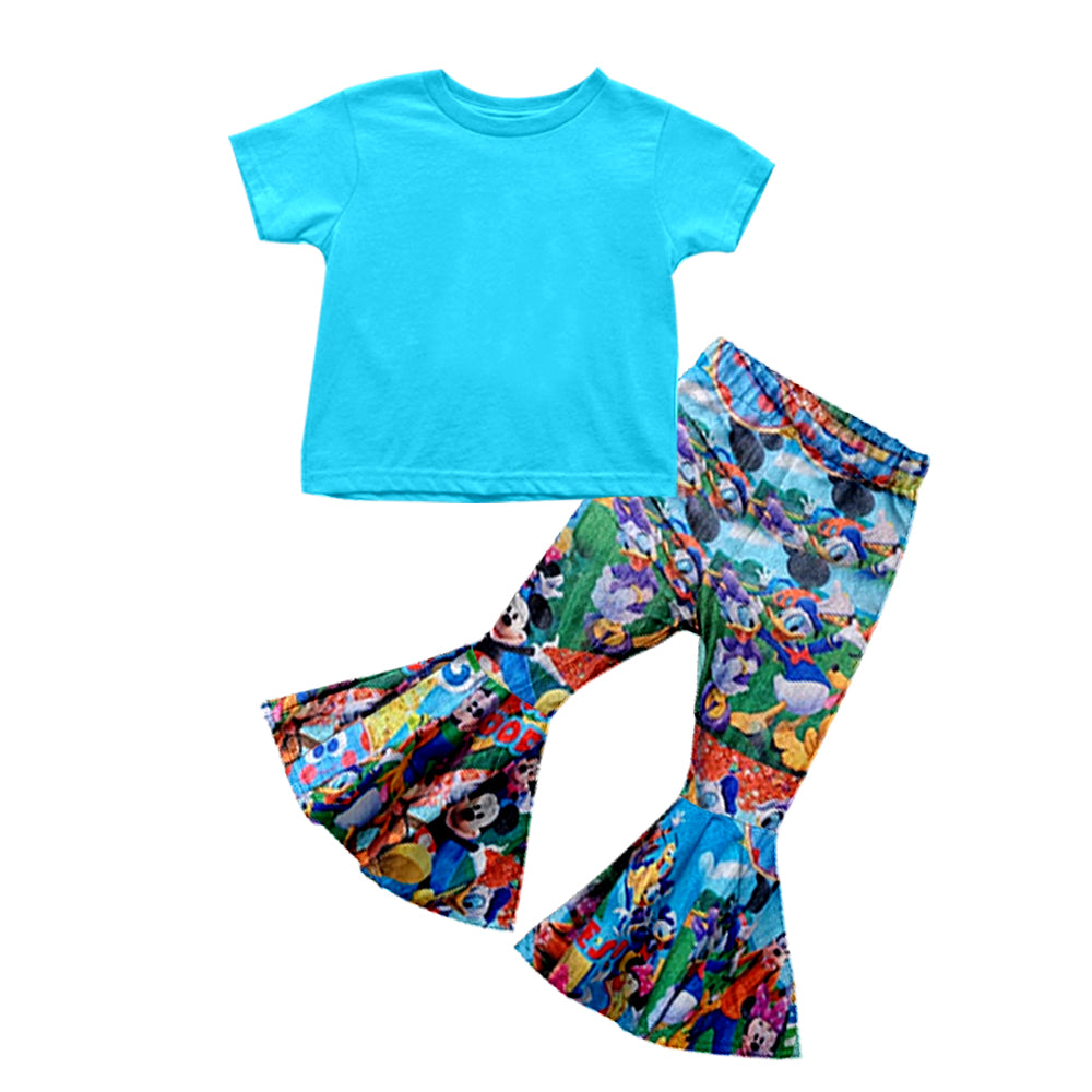 (Custom Design Preorder MOQ 5) Blue Top Cartoon Animals Print Bell Pants Girls Clothes Set