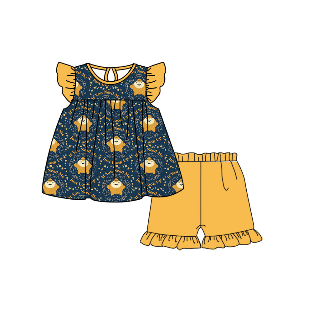 (Custom Design Preorder MOQ 5) Wish Star Top Yellow Ruffle Shorts Girls Summer Clothes Set