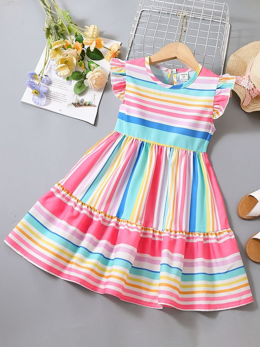 (Custom Design Preorder MOQ 5) Colorful Stripes Print Girls Knee Length Summer Dress