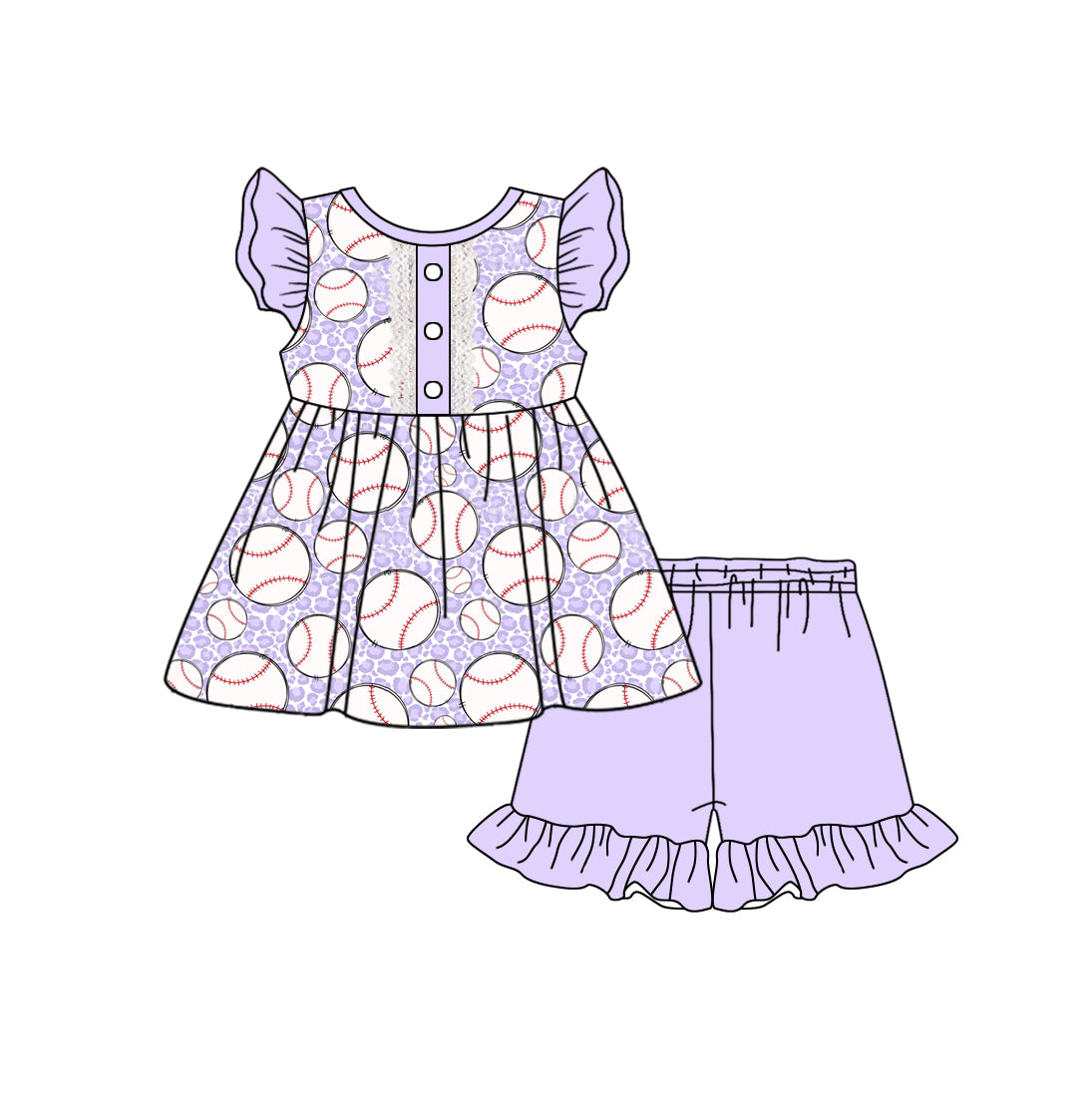 11.30(Custom Design Preorder MOQ 5 ) Baseball Tunic Top Purple Shorts Girls Summer Clothes Set