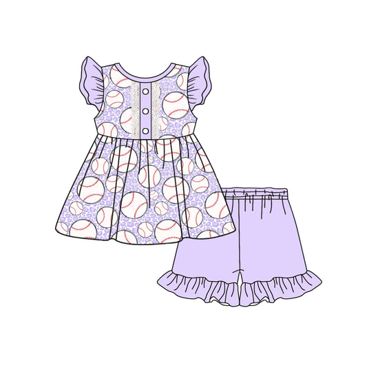11.30(Custom Design Preorder MOQ 5 ) Baseball Tunic Top Purple Shorts Girls Summer Clothes Set