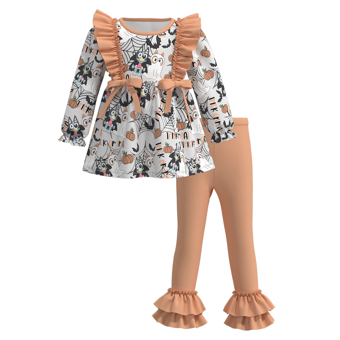 (Custom Design Preorder MOQ 5)  Cartoon Dog Pumpkin Tunic Top Ruffle Pants Girls Halloween Clothes Set
