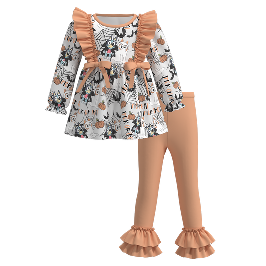 (Custom Design Preorder MOQ 5)  Cartoon Dog Pumpkin Tunic Top Ruffle Pants Girls Halloween Clothes Set