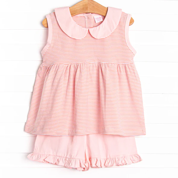(Custom Design Preorder MOQ 5) Stripes Tunic Top Pink Shorts Girls Summer Clothes Set