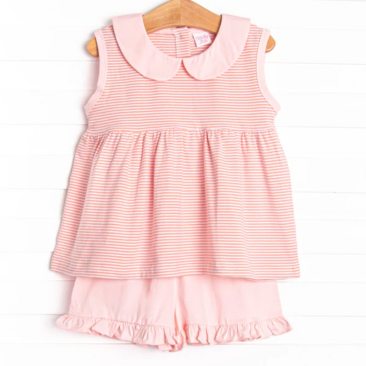 (Custom Design Preorder MOQ 5) Stripes Tunic Top Pink Shorts Girls Summer Clothes Set