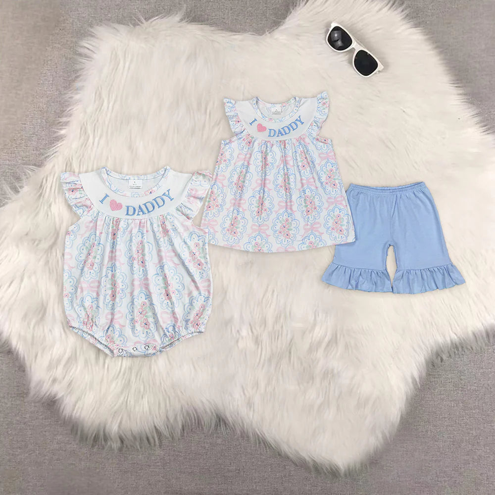 I LOVE DADDY Embroidery Flowers Print Sisters Summer Matching Clothes