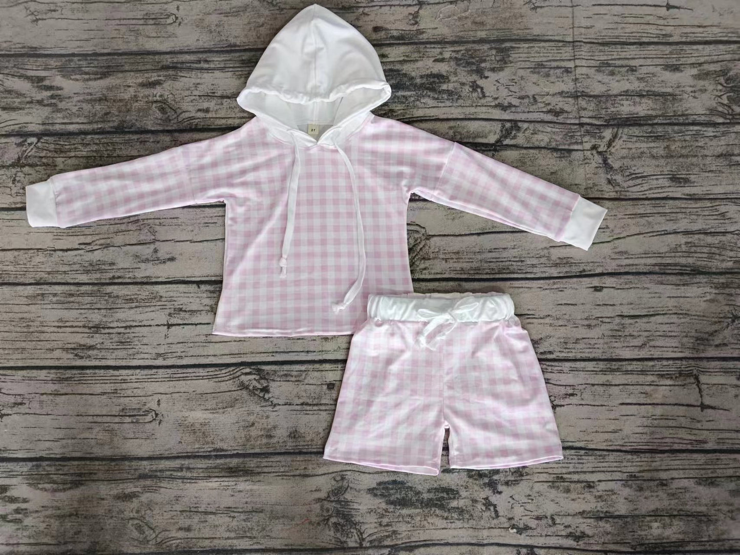 (Custom Design Preorder MOQ 5)  Pink Plaid Print Girls 2 Pieces Long Sleeve Hoodie Swimsuits