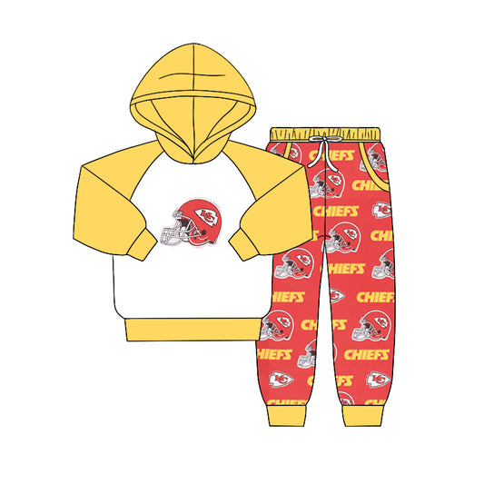 (Custom Design Preorder MOQ 5) Team's KC Yellow Hoodie Top Pockets Red Pants Boys Fall Clothes Set