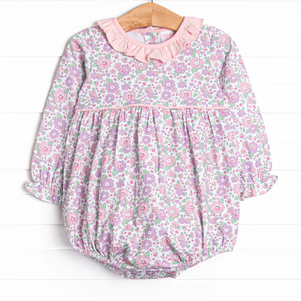 (Custom Design Preorder MOQ 5) Purple Pink Flowers Print Baby Girls Fall Romper