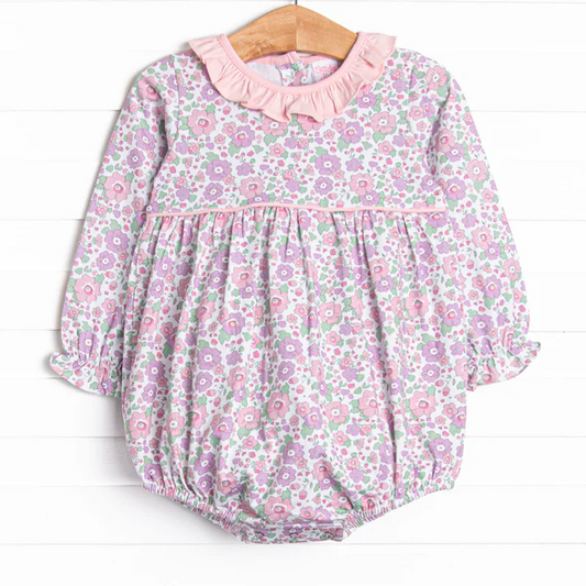 (Custom Design Preorder MOQ 5) Purple Pink Flowers Print Baby Girls Fall Romper