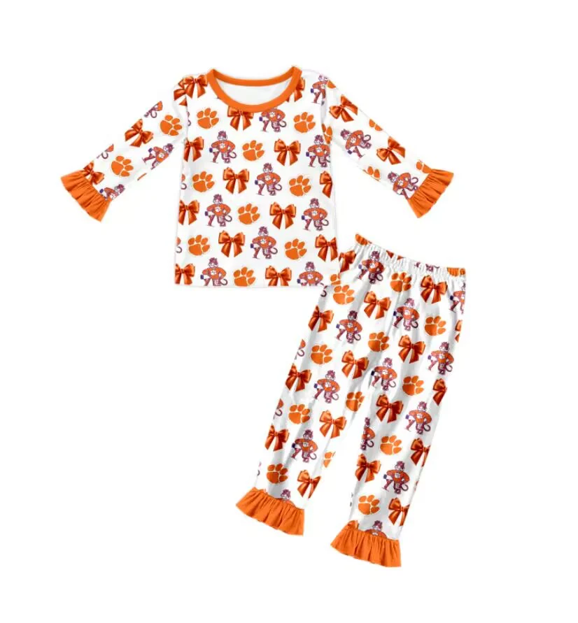 (Custom Design Preorder MOQ 5) Team's PAW Orange Print Girls Fall Bamboo Pajamas Clothes Set