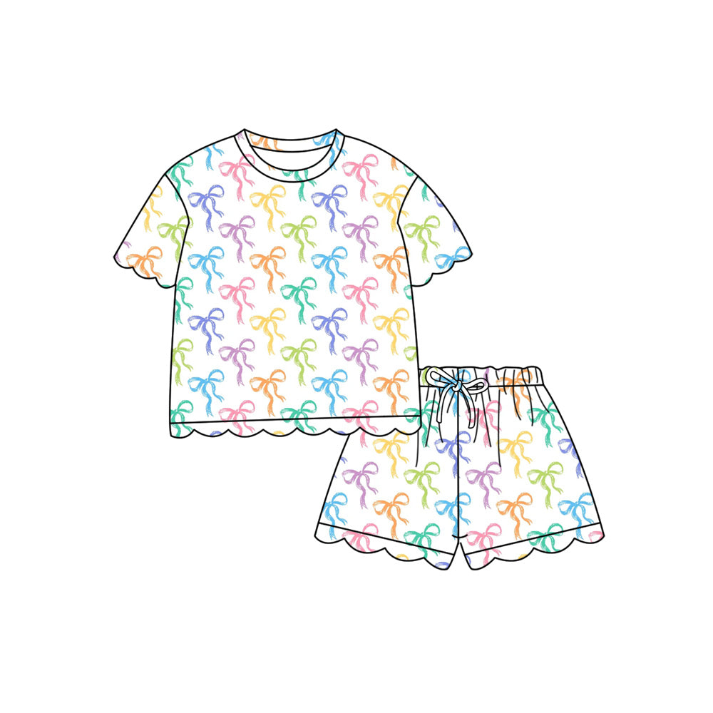 1.21 (Custom Design Preorder MOQ 5 Each Design) Colorful Bows Print Summer Scallop Sets Mom and Me Matching Clothes