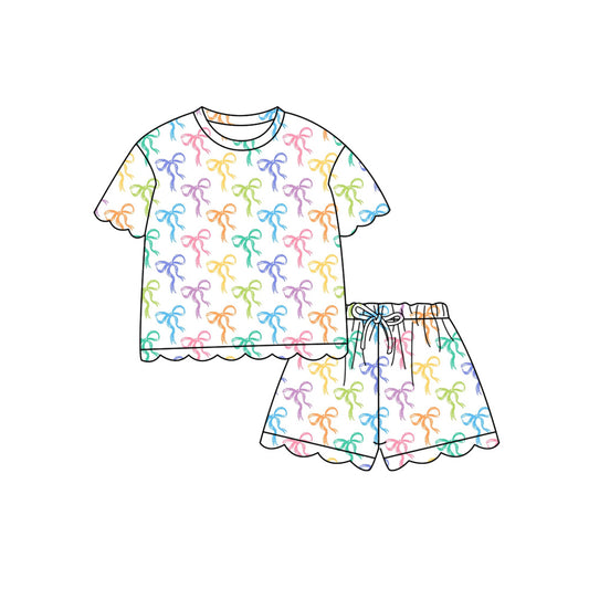 1.21 (Custom Design Preorder MOQ 5 Each Design) Colorful Bows Print Summer Scallop Sets Mom and Me Matching Clothes