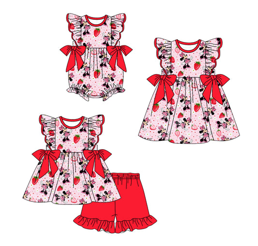 12.12(Custom Design Preorder MOQ 5 Each Design) Cartoon Mouse Strawberry Print Girls Summer Matching Clothes Sisters Wear