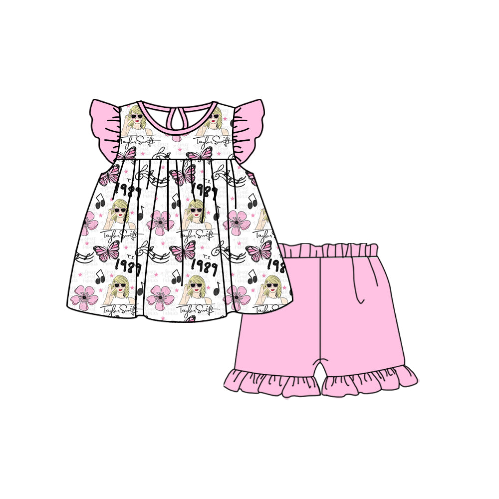 (Custom Design Preorder MOQ 5) Singer Swiftie Top Pink Shorts Girls Summer Clothes Set