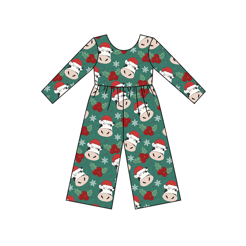 (Custom Design MOQ 5) Cows Holly Print Girls Christmas Jumpsuits