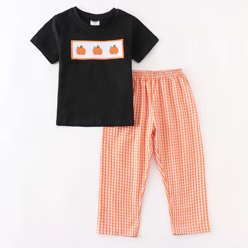 (Custom Design Preorder MOQ 5) Pumpkin Navy Top Orange Plaid Pants Boys Fall Clothes Set