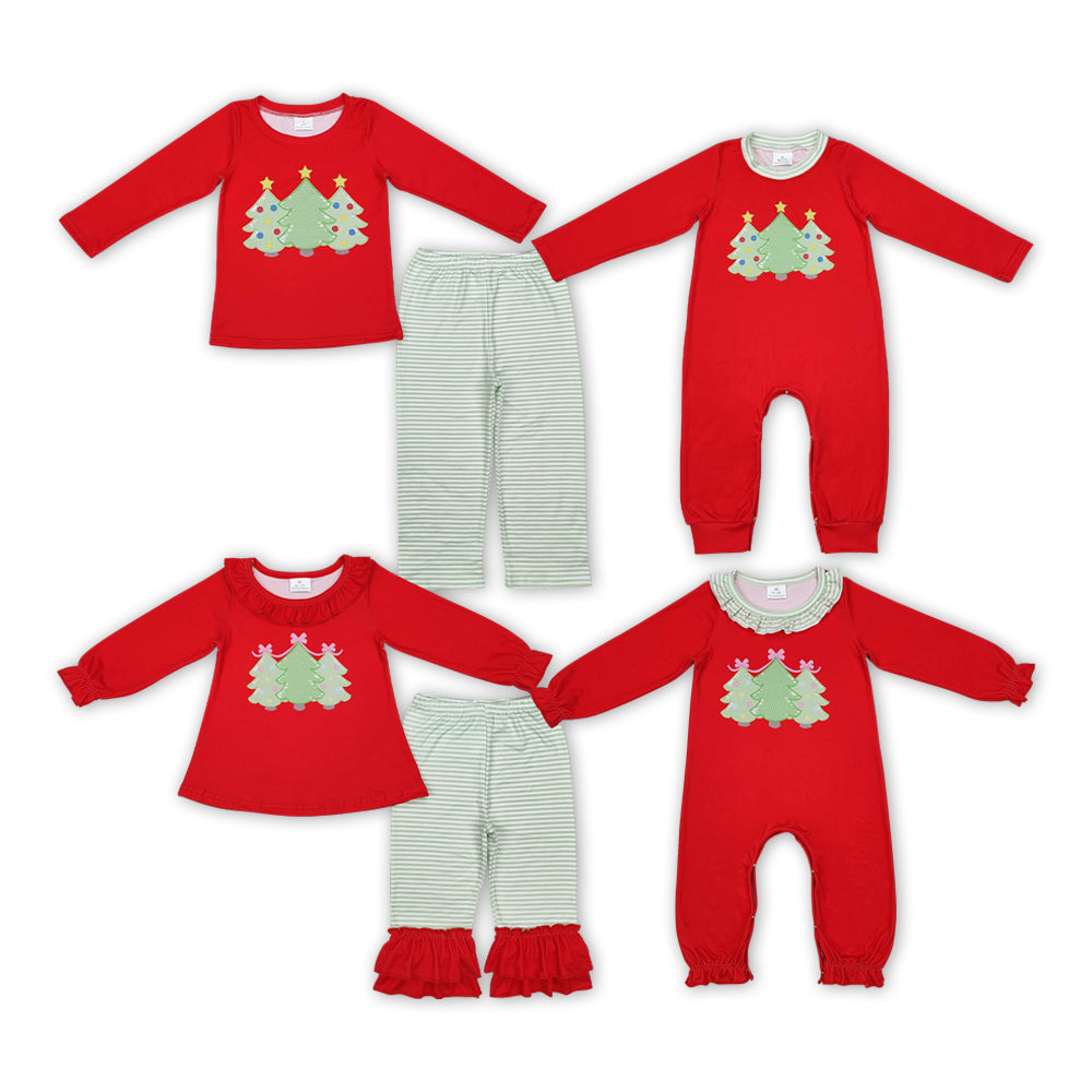 Trees Red Stripes Print Sibling Christmas Matching Clothes