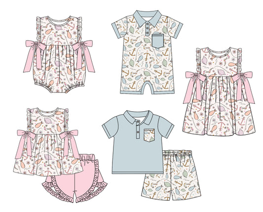 11.28(Custom Design Preorder MOQ 5 Each Design) Shell Fishing Print Kids Summer Matching Clothes Sibling Wear