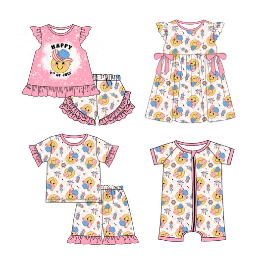 1.6(Custom Design Preorder MOQ 5 Each Design) Smiling Face Print Girls 4th of July Western Matching Clothes Sisters Wear