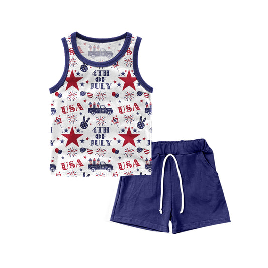 11.30(Custom Design Preorder MOQ 5 ) Stars Vest Top Blue Shorts Boys 4th of July Clothes Set