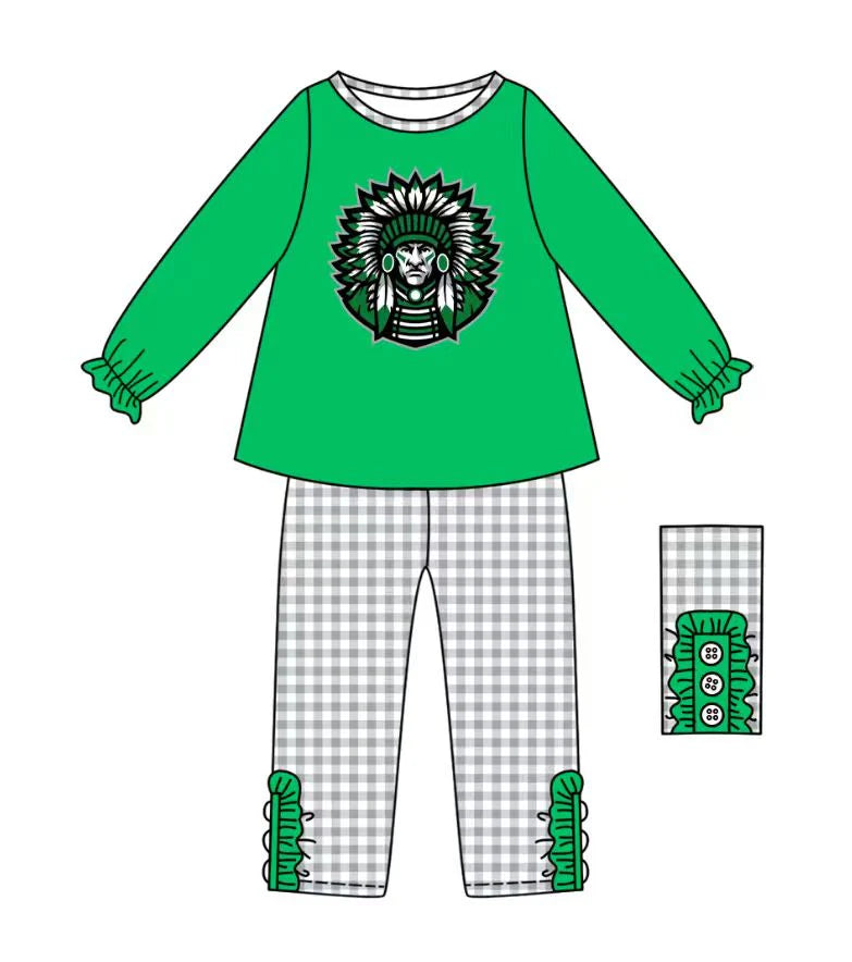 (Custom Design Preorder MOQ 5) Team's Indian Green Top Plaid Pants Girls Fall Clothes Set