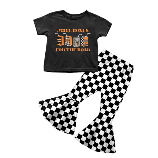 (Custom Design Preorder MOQ 5) Juice Boxes Orange Print Black Top Plaid Bell Pants Girls Clothes Set