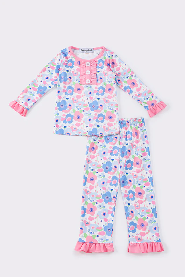 (Custom Design Preorder MOQ 5) Pink Flowers Print Girls Fall Pajamas Clothes Set