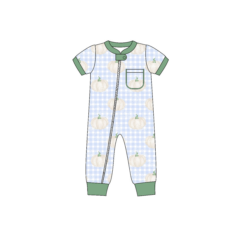 (Custom Design Preorder MOQ 5) Pumpkin Print Baby Boys Fall Zipper Romper