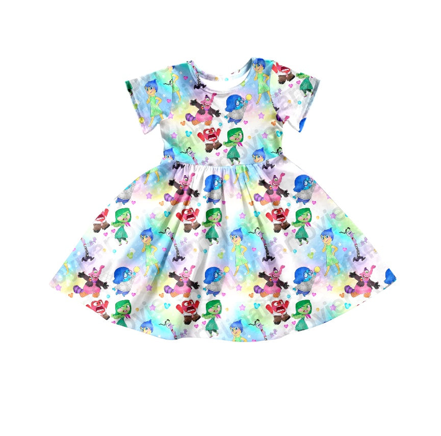 (Custom Design Preorder MOQ 5) Cartoon Figure Inside Out Tie-dye Print Girls Knee Length Dress