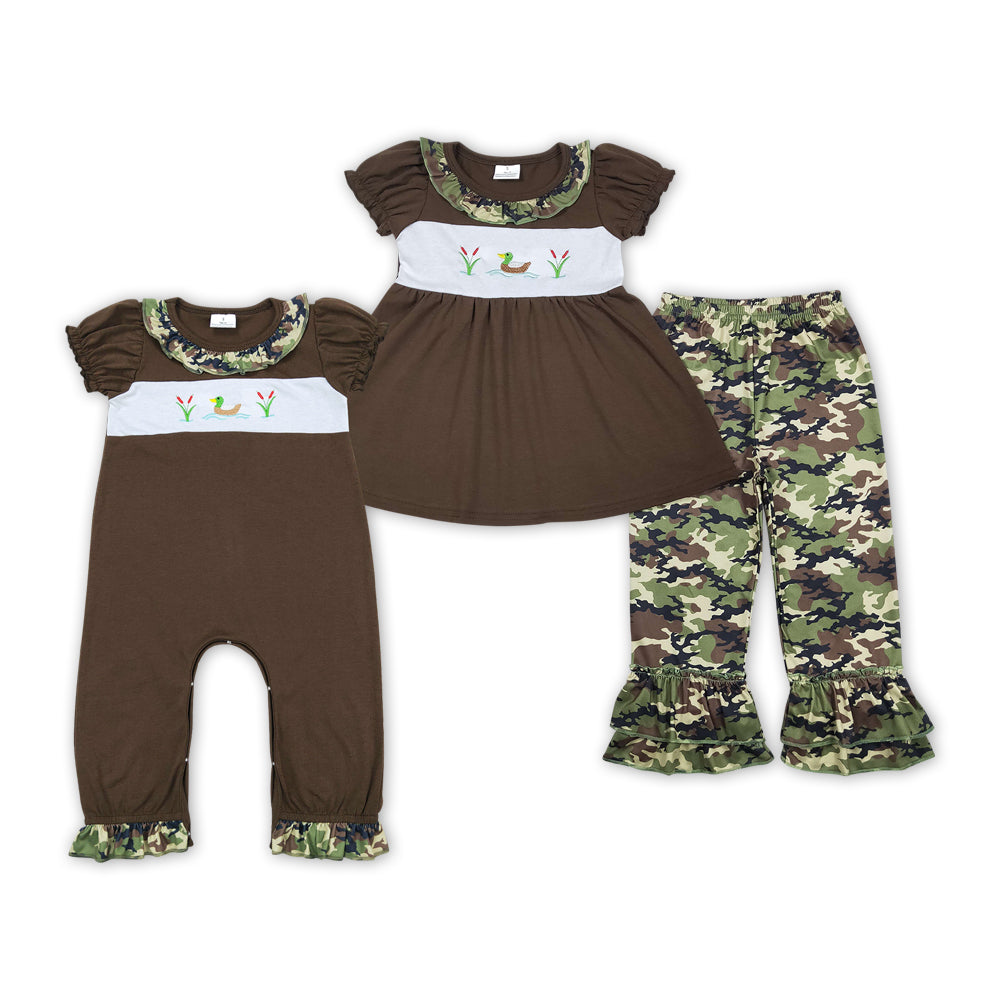 Duck Embroidery Brown Camo Print Sisters Matching Clothes